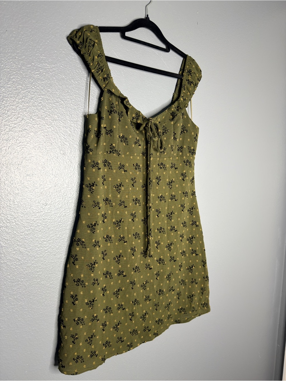 Kirious LA Olive Floral Milkmaid Garden Babydoll Ruffled Mini Dress Medium